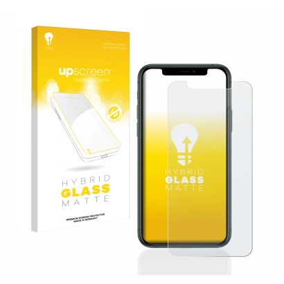 Parte frontale di una confezione del prodotto con il logo del marchio upscreen. Accanto è raffigurato il dispositivo Apple iPh