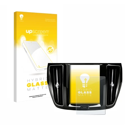 Parte frontale di una confezione del prodotto con il logo del marchio upscreen. Accanto è raffigurato il dispositivo Volvo V60