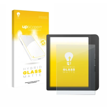 Parte frontale di una confezione del prodotto con il logo del marchio upscreen. Accanto è raffigurato il dispositivo Tolino Vi