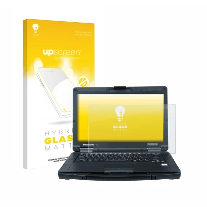 Parte frontale di una confezione del prodotto con il logo del marchio upscreen. Accanto è raffigurato il dispositivo Panasonic