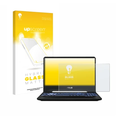 Parte frontale di una confezione del prodotto con il logo del marchio upscreen. Accanto è raffigurato il dispositivo ASUS TUF 