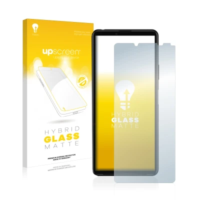 Parte frontale di una confezione del prodotto con il logo del marchio upscreen. Accanto è raffigurato il dispositivo Sony Xper