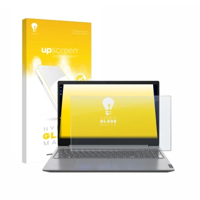 Parte frontale di una confezione del prodotto con il logo del marchio upscreen. Accanto è raffigurato il dispositivo Lenovo V1