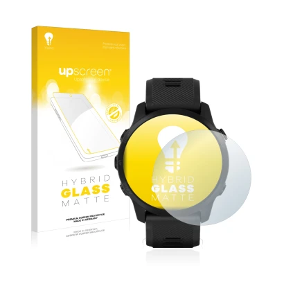 Parte frontale di una confezione del prodotto con il logo del marchio upscreen. Accanto è raffigurato il dispositivo Garmin Fo