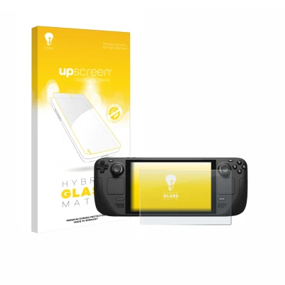 Parte frontale di una confezione del prodotto con il logo del marchio upscreen. Accanto è raffigurato il dispositivo Valve Ste