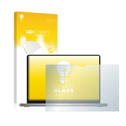 Parte frontale di una confezione del prodotto con il logo del marchio upscreen. Accanto è raffigurato il dispositivo Apple Mac