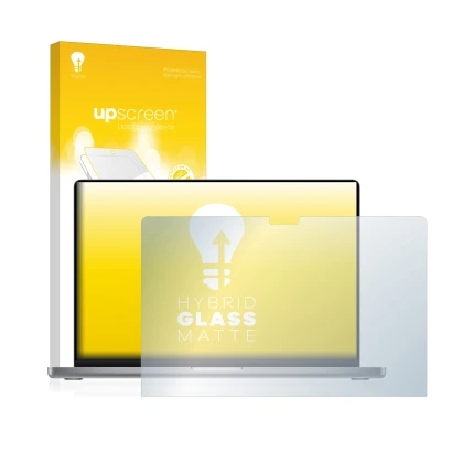 Parte frontale di una confezione del prodotto con il logo del marchio upscreen. Accanto è raffigurato il dispositivo Apple Mac