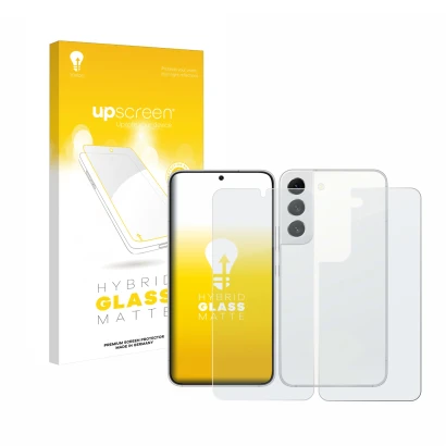 Parte frontale di una confezione del prodotto con il logo del marchio upscreen. Accanto è raffigurato il dispositivo Samsung G