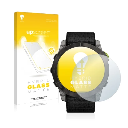 Parte frontale di una confezione del prodotto con il logo del marchio upscreen. Accanto è raffigurato il dispositivo Garmin En