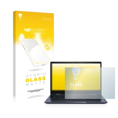 Parte frontale di una confezione del prodotto con il logo del marchio upscreen. Accanto è raffigurato il dispositivo ASUS Expe