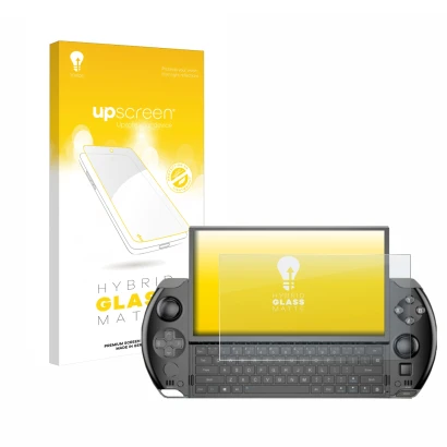 Parte frontale di una confezione del prodotto con il logo del marchio upscreen. Accanto è raffigurato il dispositivo GPD Win 4