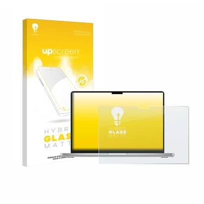 Parte frontale di una confezione del prodotto con il logo del marchio upscreen. Accanto è raffigurato il dispositivo Apple Mac