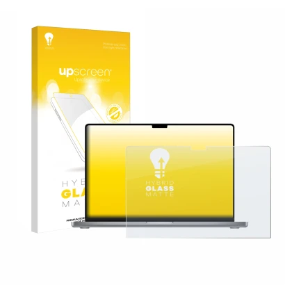 Parte frontale di una confezione del prodotto con il logo del marchio upscreen. Accanto è raffigurato il dispositivo Apple Mac