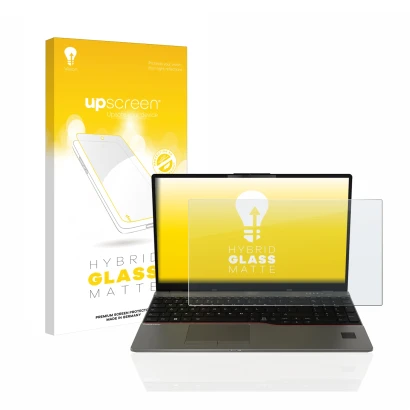 Parte frontale di una confezione del prodotto con il logo del marchio upscreen. Accanto è raffigurato il dispositivo Fujitsu L