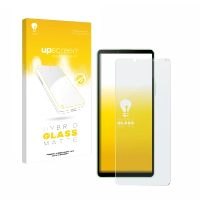 Parte frontale di una confezione del prodotto con il logo del marchio upscreen. Accanto è raffigurato il dispositivo Sony Xper