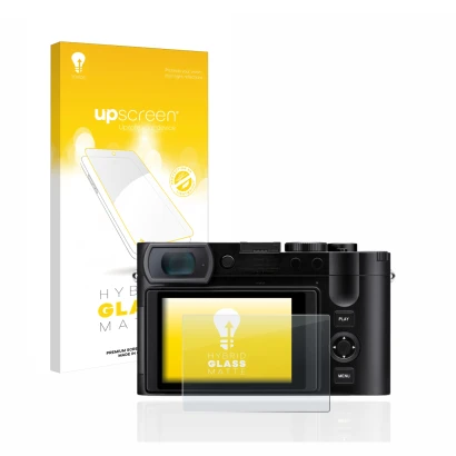 Parte frontale di una confezione del prodotto con il logo del marchio upscreen. Accanto è raffigurato il dispositivo Leica Q3 