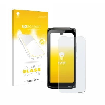 Parte frontale di una confezione del prodotto con il logo del marchio upscreen. Accanto è raffigurato il dispositivo Crosscall