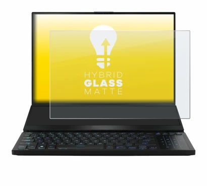 Immagine del dispositivo ASUS ROG Zephyrus Duo 16 2023 con un'ampia varietà di protezioni per lo schermo.