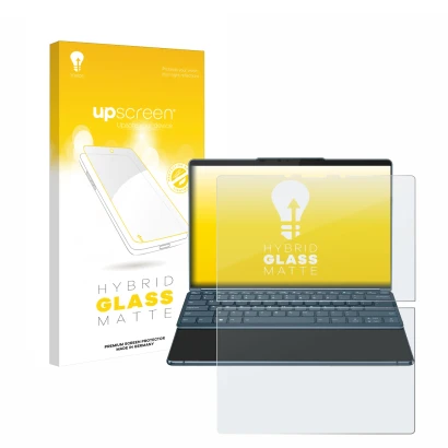 Parte frontale di una confezione del prodotto con il logo del marchio upscreen. Accanto è raffigurato il dispositivo Lenovo Yo