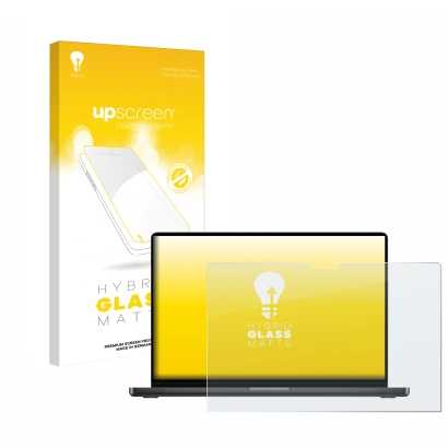 Parte frontale di una confezione del prodotto con il logo del marchio upscreen. Accanto è raffigurato il dispositivo Apple Mac