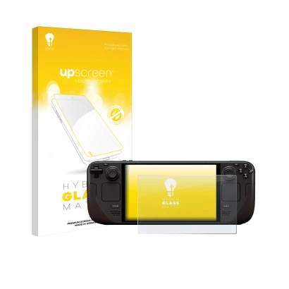 Parte frontale di una confezione del prodotto con il logo del marchio upscreen. Accanto è raffigurato il dispositivo Valve Ste