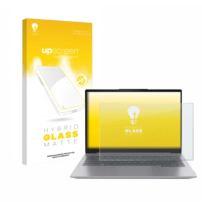 Parte frontale di una confezione del prodotto con il logo del marchio upscreen. Accanto è raffigurato il dispositivo Lenovo Th