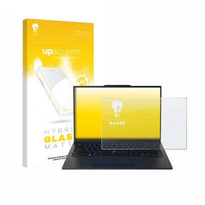 Parte frontale di una confezione del prodotto con il logo del marchio upscreen. Accanto è raffigurato il dispositivo Lenovo Th