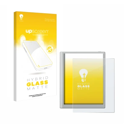 Parte frontale di una confezione del prodotto con il logo del marchio upscreen. Accanto è raffigurato il dispositivo Boox Go 1