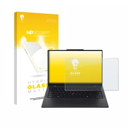 Parte frontale di una confezione del prodotto con il logo del marchio upscreen. Accanto è raffigurato il dispositivo Lenovo Th
