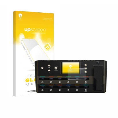 Parte frontale di una confezione del prodotto con il logo del marchio upscreen. Accanto è raffigurato il dispositivo Headrush 