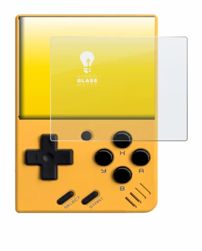 Immagine del dispositivo Miyoo Mini V4 con un'ampia varietà di protezioni per lo schermo.