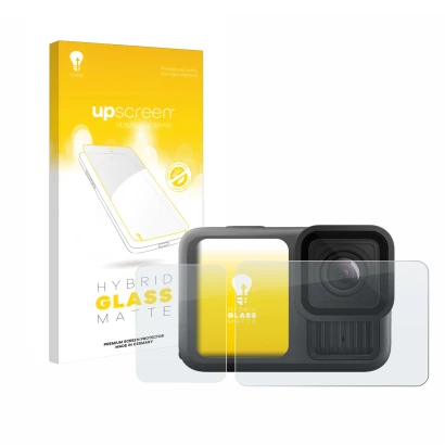 Parte frontale di una confezione del prodotto con il logo del marchio upscreen. Accanto è raffigurato il dispositivo GoPro Her