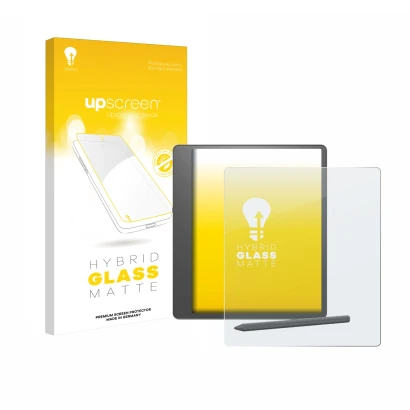 Parte frontale di una confezione del prodotto con il logo del marchio upscreen. Accanto è raffigurato il dispositivo Amazon Ki