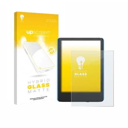 Parte frontale di una confezione del prodotto con il logo del marchio upscreen. Accanto è raffigurato il dispositivo Amazon Ki