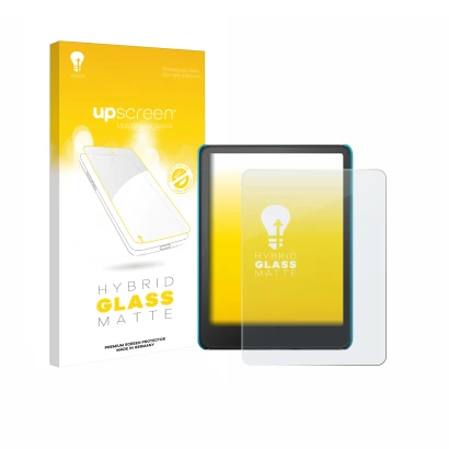 Parte frontale di una confezione del prodotto con il logo del marchio upscreen. Accanto è raffigurato il dispositivo Amazon Ki