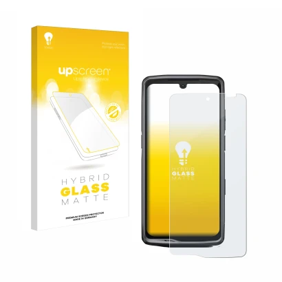 Parte frontale di una confezione del prodotto con il logo del marchio upscreen. Accanto è raffigurato il dispositivo Crosscall