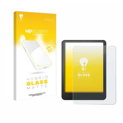 Parte frontale di una confezione del prodotto con il logo del marchio upscreen. Accanto è raffigurato il dispositivo Amazon Ki