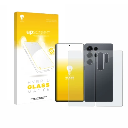 Parte frontale di una confezione del prodotto con il logo del marchio upscreen. Accanto è raffigurato il dispositivo Samsung G