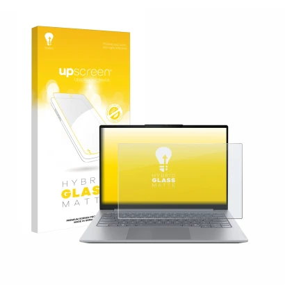 Parte frontale di una confezione del prodotto con il logo del marchio upscreen. Accanto è raffigurato il dispositivo Lenovo Th