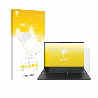 Parte frontale di una confezione del prodotto con il logo del marchio upscreen. Accanto è raffigurato il dispositivo Lenovo Th