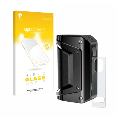 Parte frontale di una confezione del prodotto con il logo del marchio upscreen. Accanto è raffigurato il dispositivo GeekVape 