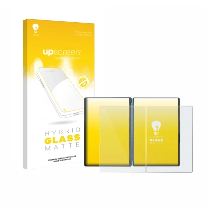 Parte frontale di una confezione del prodotto con il logo del marchio upscreen. Accanto è raffigurato il dispositivo Lenovo Yo