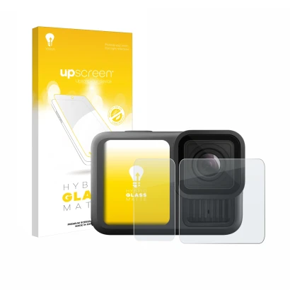 Parte frontale di una confezione del prodotto con il logo del marchio upscreen. Accanto è raffigurato il dispositivo GoPro Her