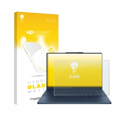 Parte frontale di una confezione del prodotto con il logo del marchio upscreen. Accanto è raffigurato il dispositivo Lenovo Yo