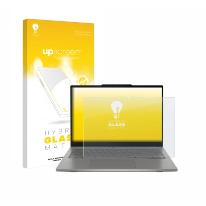 Parte frontale di una confezione del prodotto con il logo del marchio upscreen. Accanto è raffigurato il dispositivo Lenovo Th