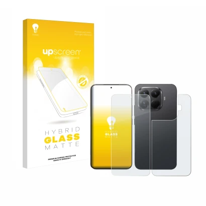 Parte frontale di una confezione del prodotto con il logo del marchio upscreen. Accanto è raffigurato il dispositivo Xiaomi 15