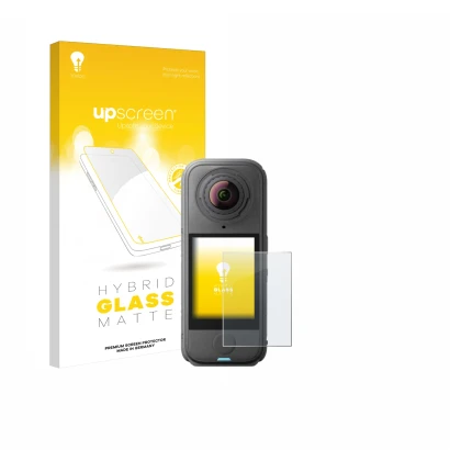 Parte frontale di una confezione del prodotto con il logo del marchio upscreen. Accanto è raffigurato il dispositivo Insta360 