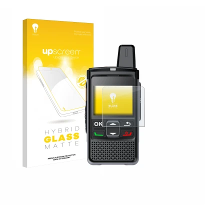 Parte frontale di una confezione del prodotto con il logo del marchio upscreen. Accanto è raffigurato il dispositivo Hytera PN