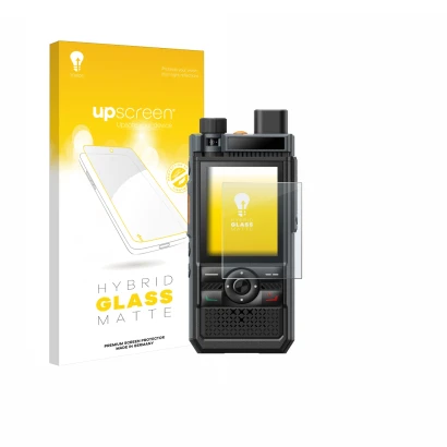 Parte frontale di una confezione del prodotto con il logo del marchio upscreen. Accanto è raffigurato il dispositivo Hytera P5