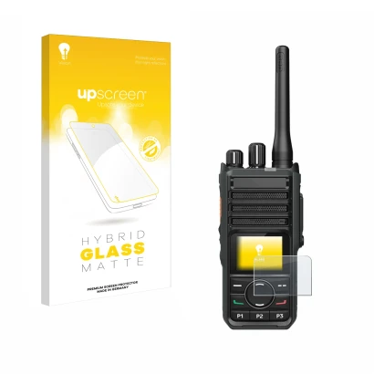 Parte frontale di una confezione del prodotto con il logo del marchio upscreen. Accanto è raffigurato il dispositivo Hytera HP